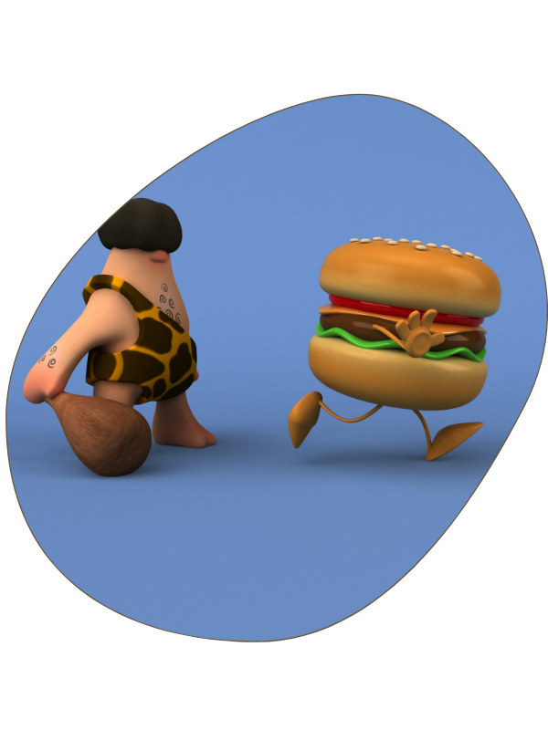 caveman chasing burger