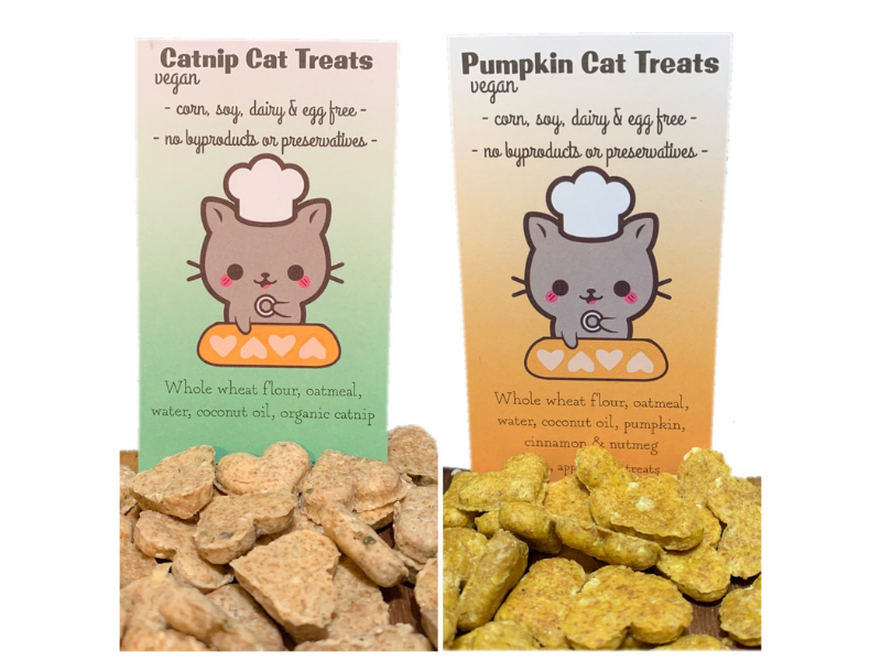 Naturally, Vegan Catnip or Pumpkin handmade cat treats. 
